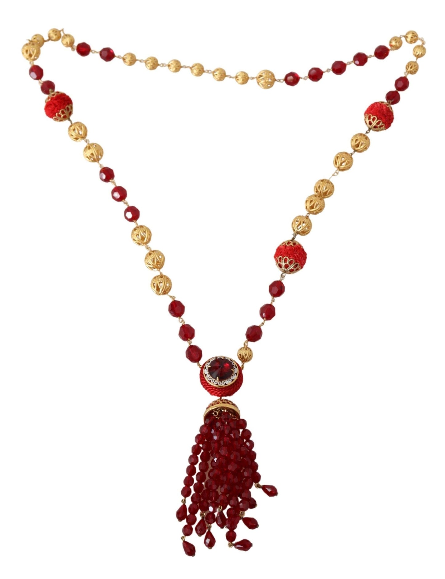 Dolce & Gabbana Gold Tone Brass Red Crystals Pendant Opera Chain  Women's Necklace