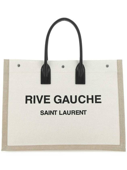 Saint Laurent Rive Gauche Logo Linen Leather Tote Bag White