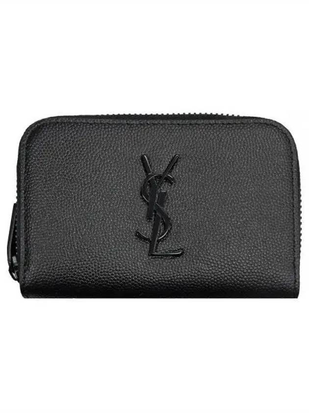 Saint Laurent Monogram Metal Logo Zipper Card Wallet Black