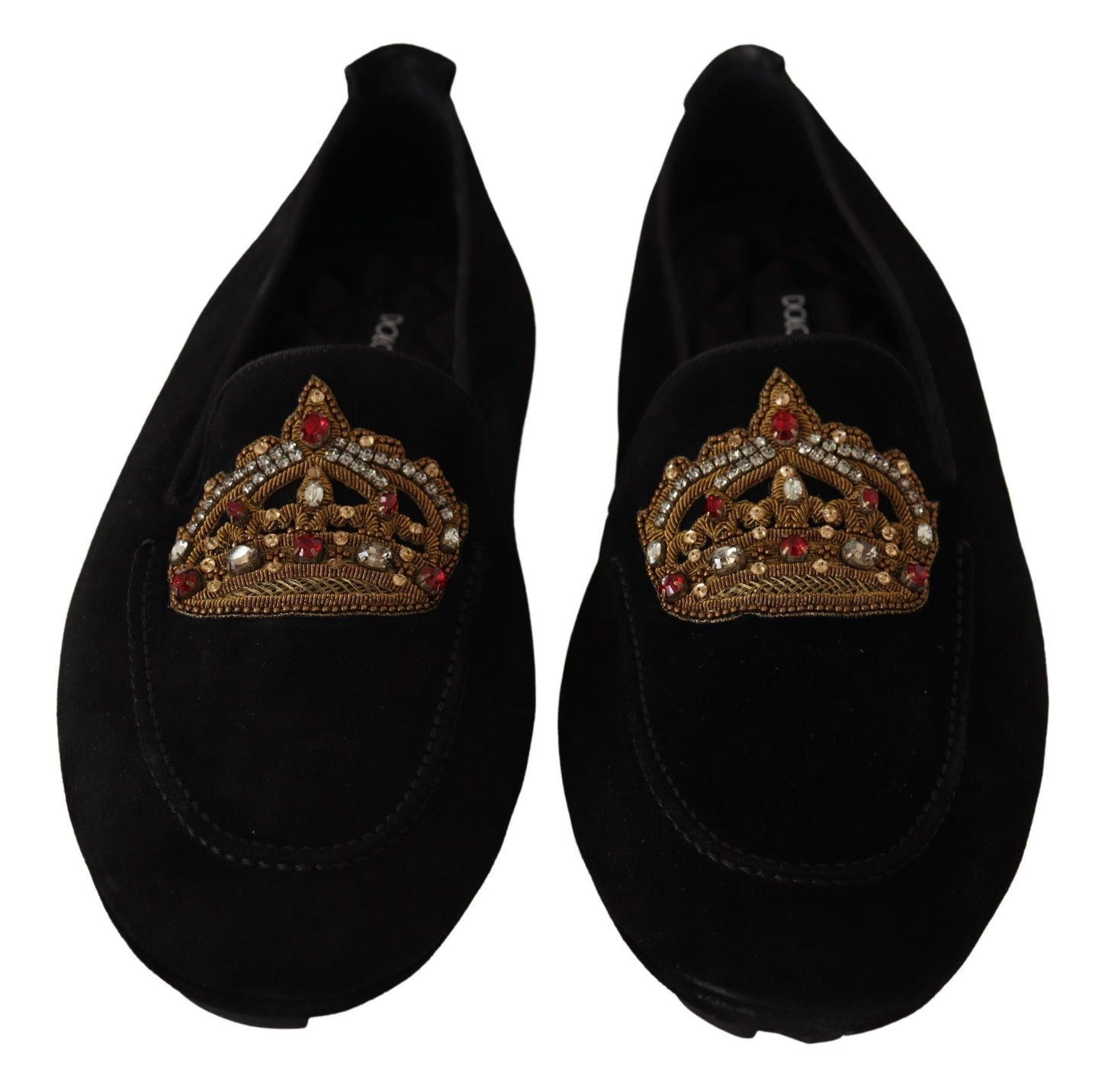 Dolce & Gabbana Black Leather Crystal Gold Crown Loafers Men's Shoes