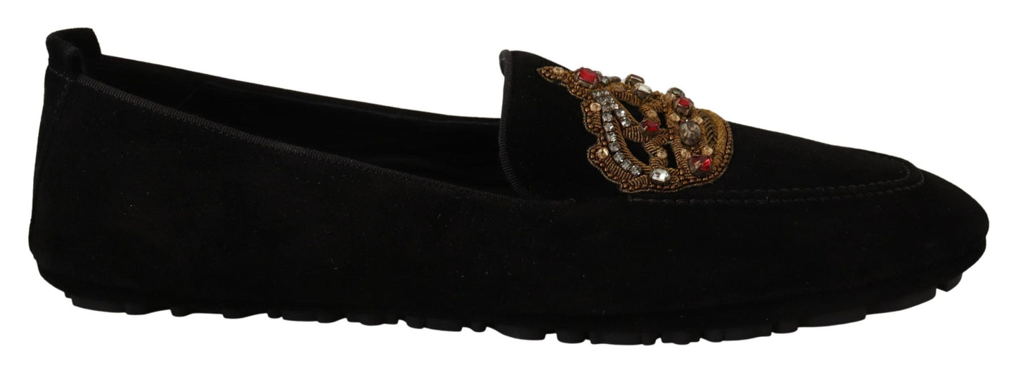 Dolce & Gabbana Black Leather Crystal Gold Crown Loafers Men's Shoes