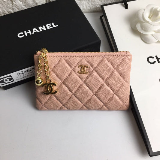 CHANEL CLASSIC SMALL ZIPPED POUCH 15 PALE PINK CALFSKIN GOLD ICON