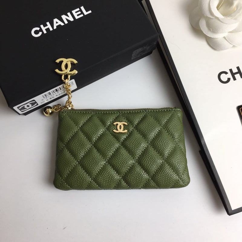 CHANEL CLASSIC SMALL ZIPPED POUCH 15 DARK GREEN CALFSKIN GOLD ICON