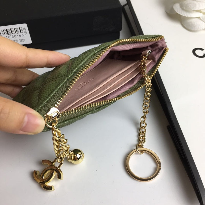 CHANEL CLASSIC SMALL ZIPPED POUCH 15 DARK GREEN CALFSKIN GOLD ICON