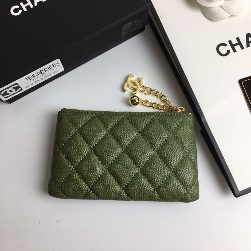 CHANEL CLASSIC SMALL ZIPPED POUCH 15 DARK GREEN CALFSKIN GOLD ICON