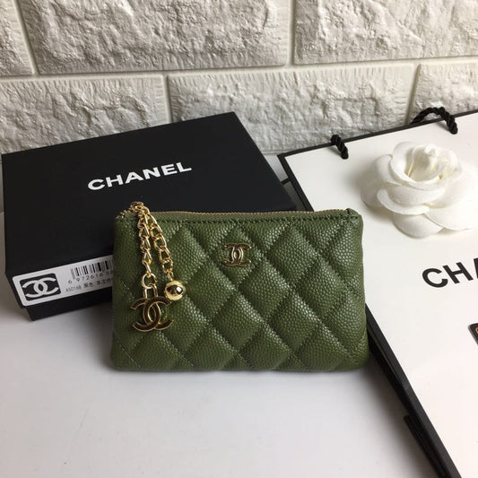 CHANEL CLASSIC SMALL ZIPPED POUCH 15 DARK GREEN CALFSKIN GOLD ICON