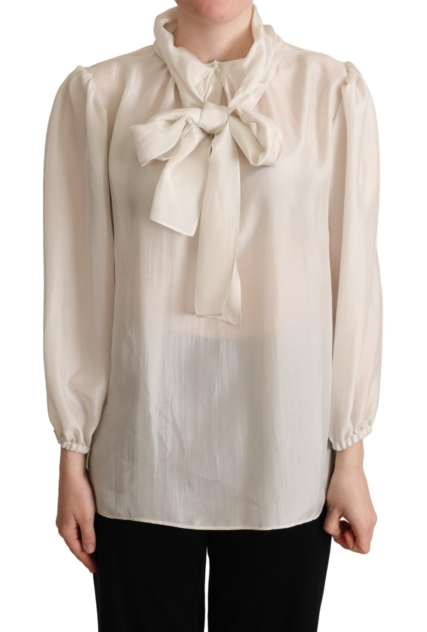 Dolce & Gabbana Light Gray Ascot Collar Shirt Silk Blouse Women's Top