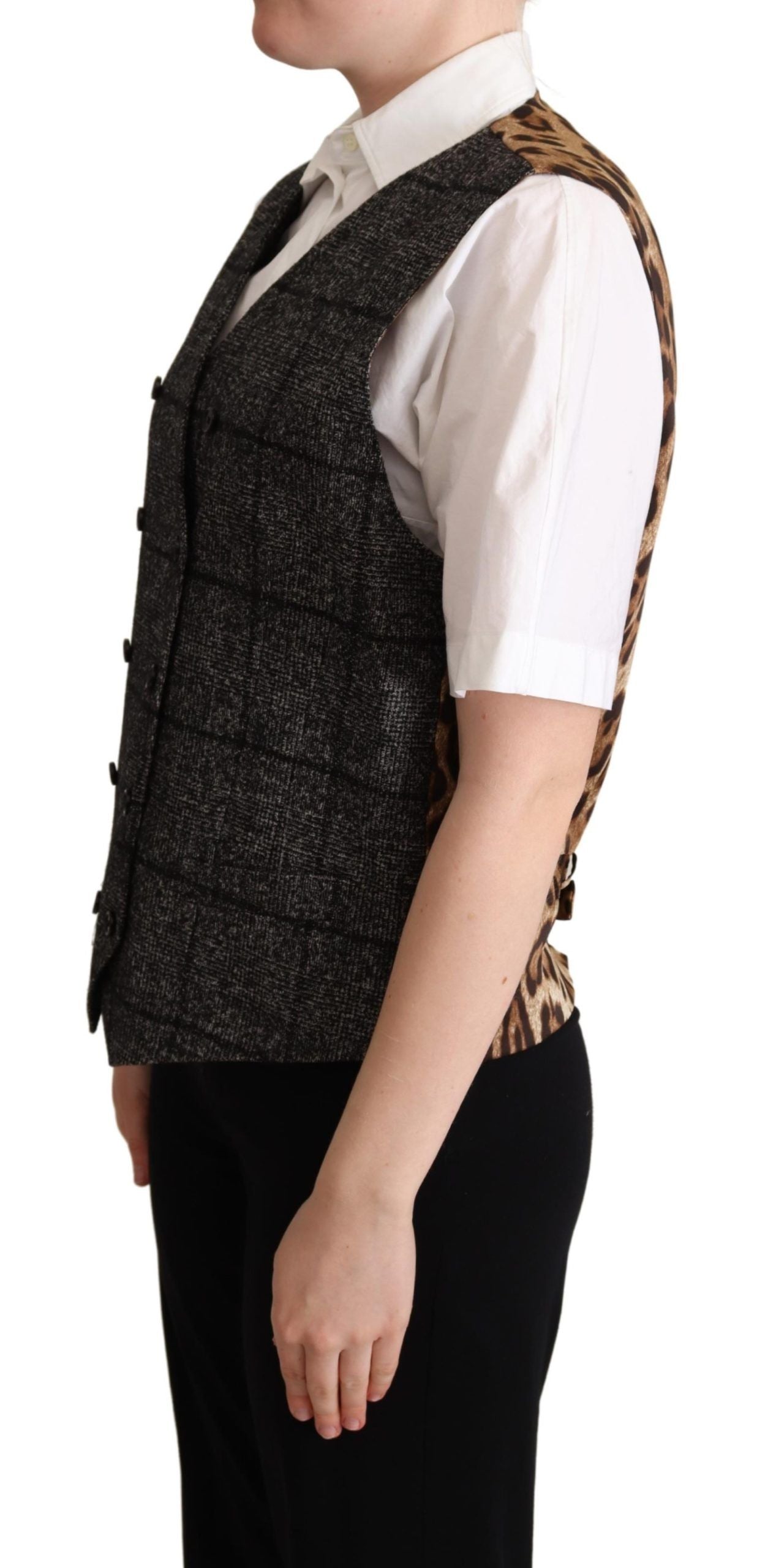 Dolce & Gabbana Gray Wool Leopard Print Waistcoat Women's Vest