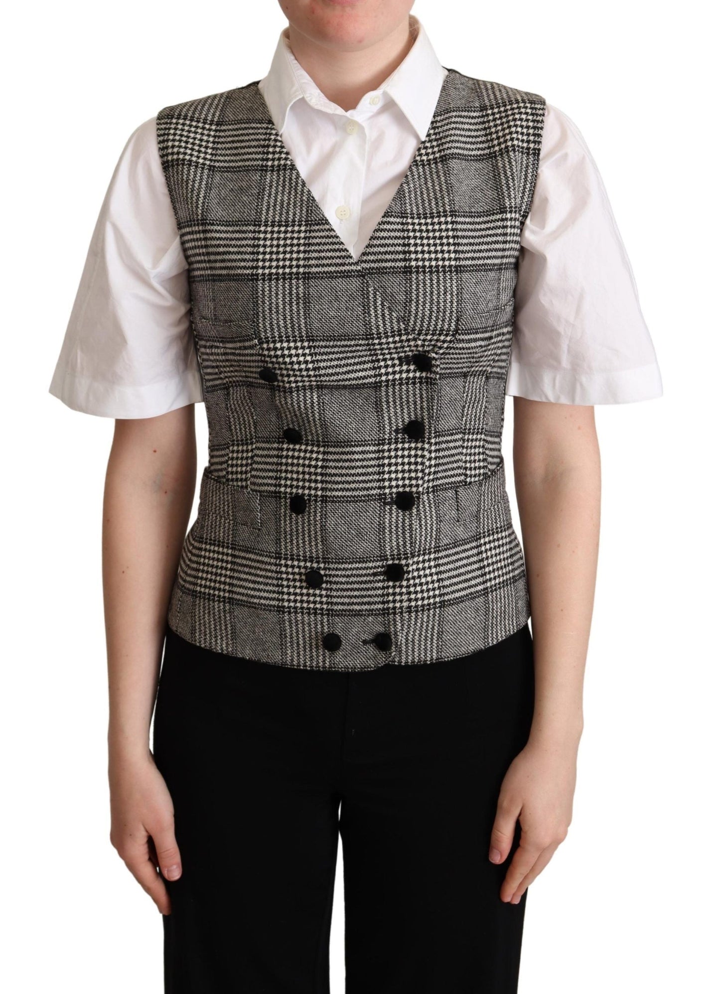 Dolce & Gabbana Gray Checkered Sleeveless Waistcoat Women's Vest