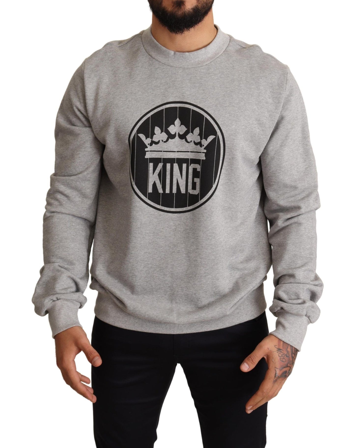 Dolce & Gabbana Gray Crown King Print Cotton Men's Sweater