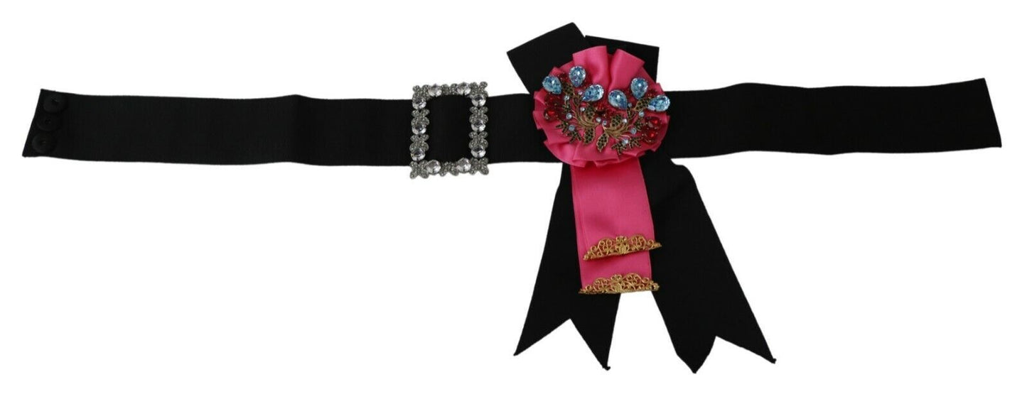 Dolce & Gabbana Black Pink Flower Brooch Crystals Cotton Women's Belt