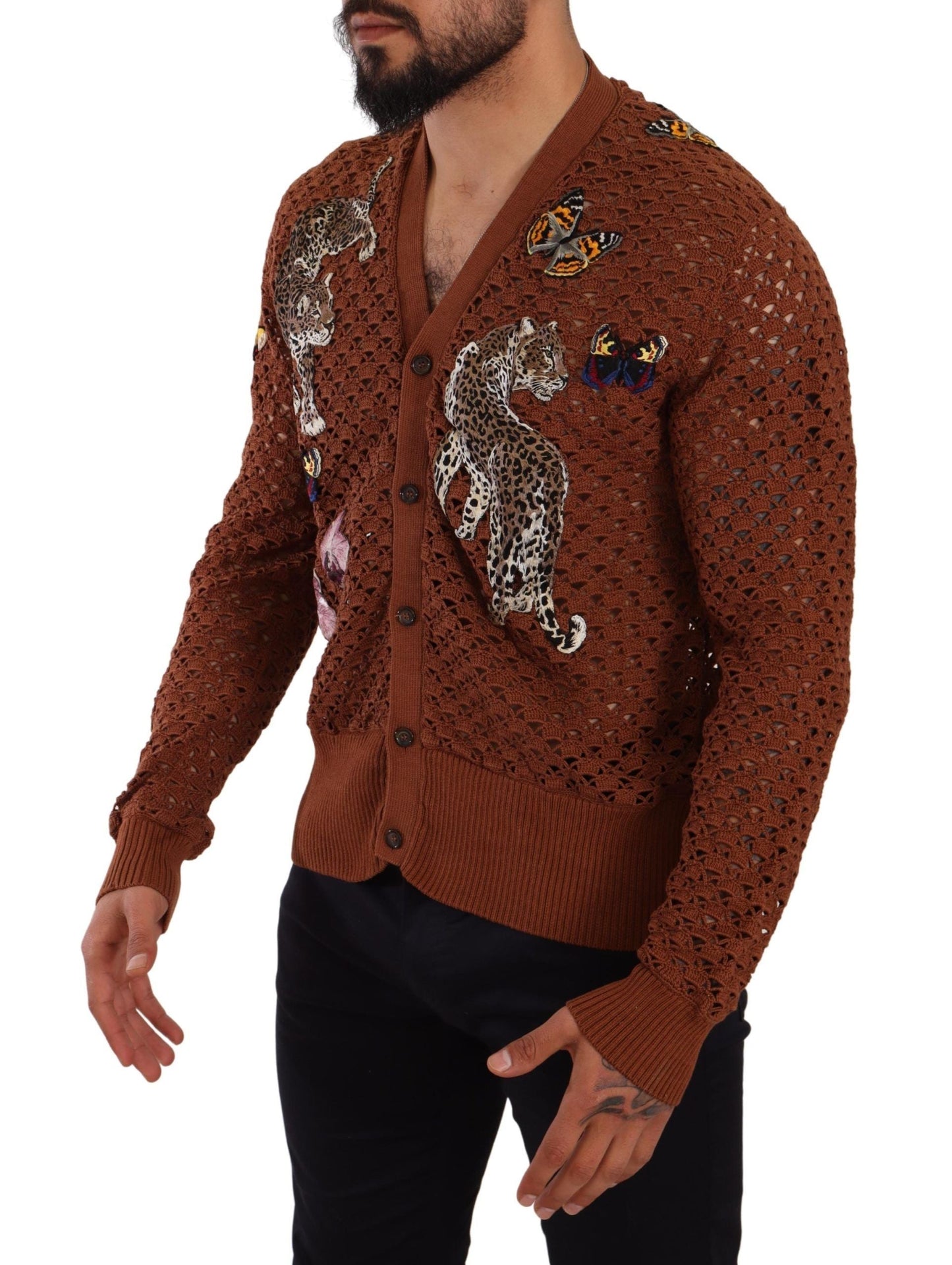 Dolce & Gabbana Brown Leopard Butterfly Cardigan Men's Sweater