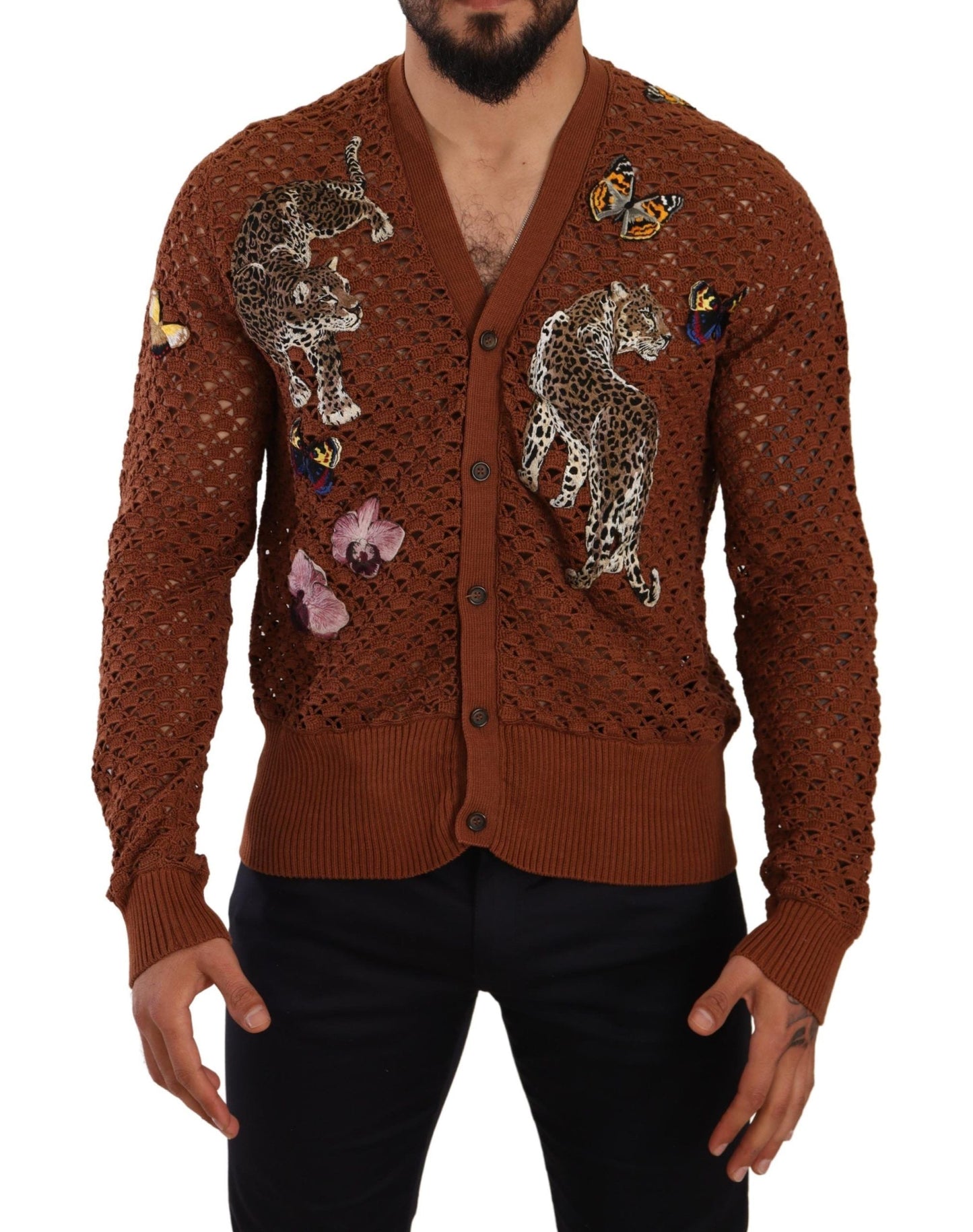 Dolce & Gabbana Brown Leopard Butterfly Cardigan Men's Sweater