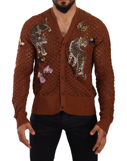 Dolce & Gabbana Brown Leopard Butterfly Cardigan Men's Sweater