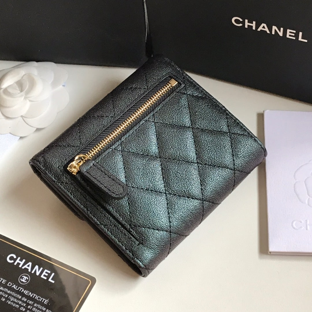 CHANEL FLAP CARD HOLDER 11.5 BLACK GRAINED CALFSKIN GOLD ICON