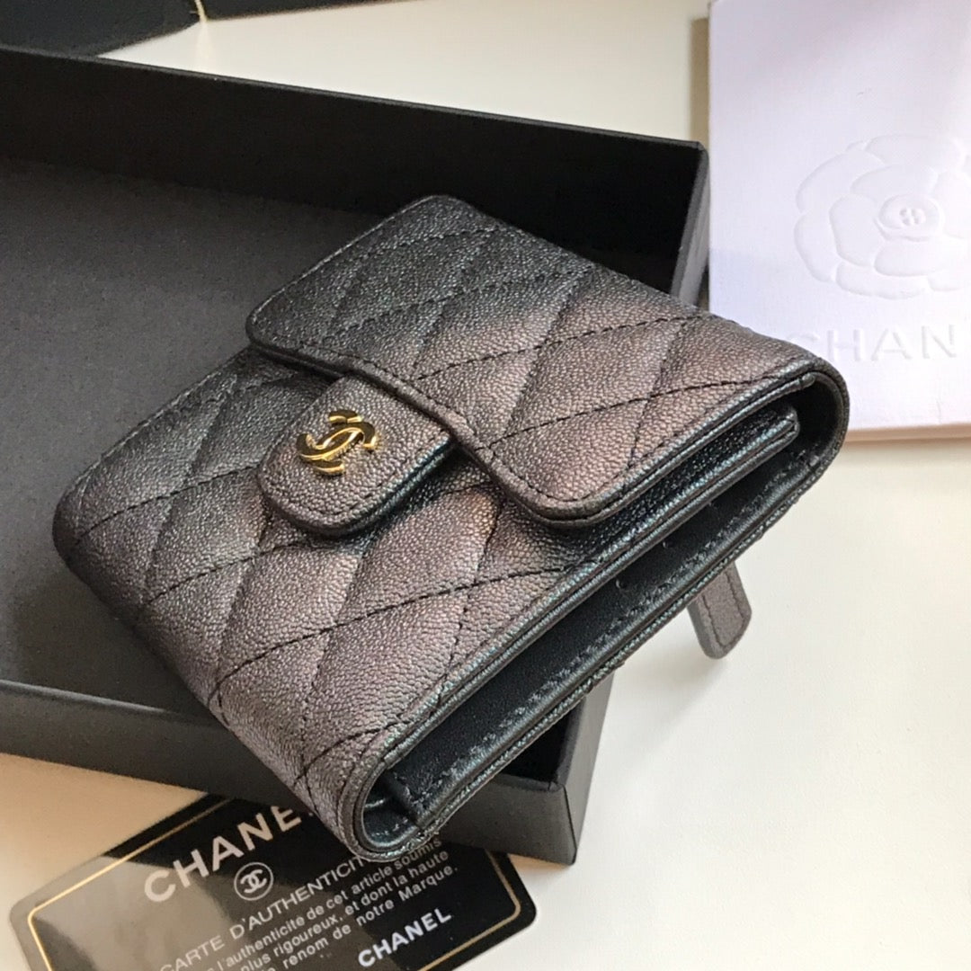 CHANEL FLAP CARD HOLDER 11.5 BLACK GRAINED CALFSKIN GOLD ICON
