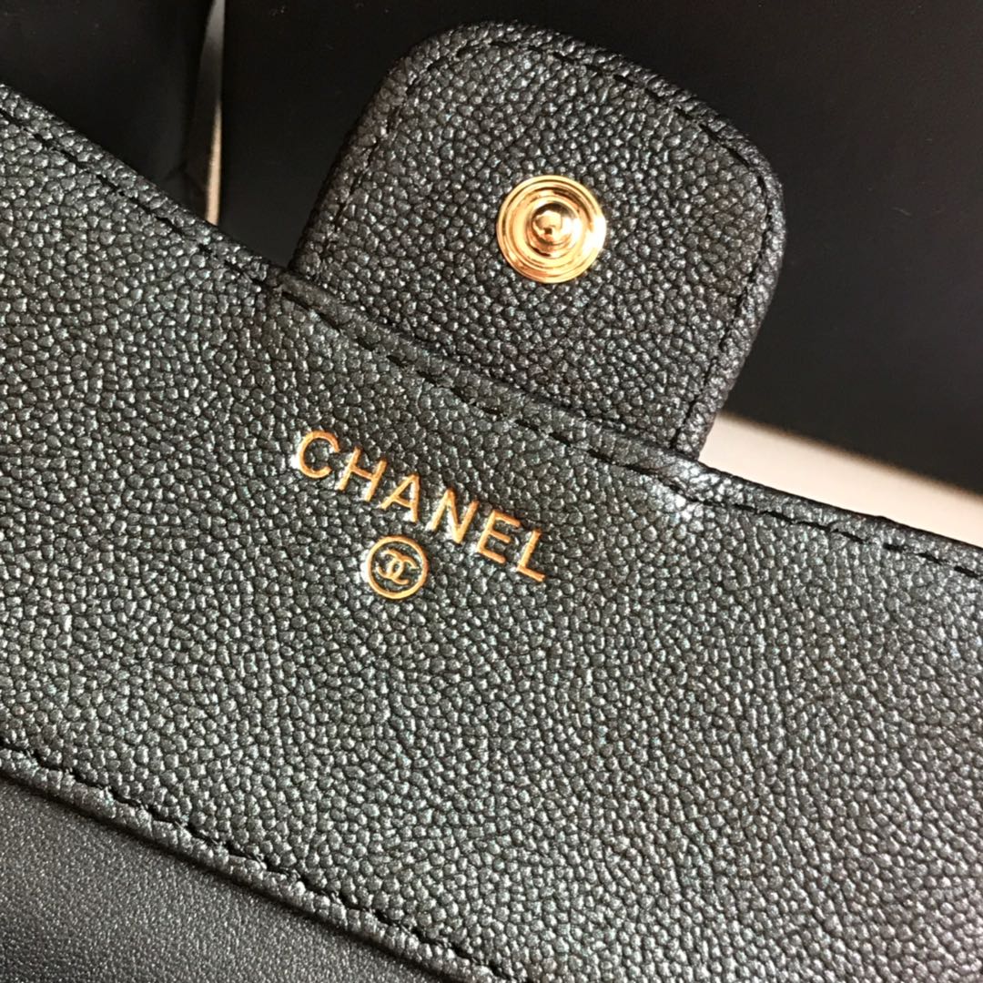CHANEL FLAP CARD HOLDER 11.5 BLACK GRAINED CALFSKIN GOLD ICON