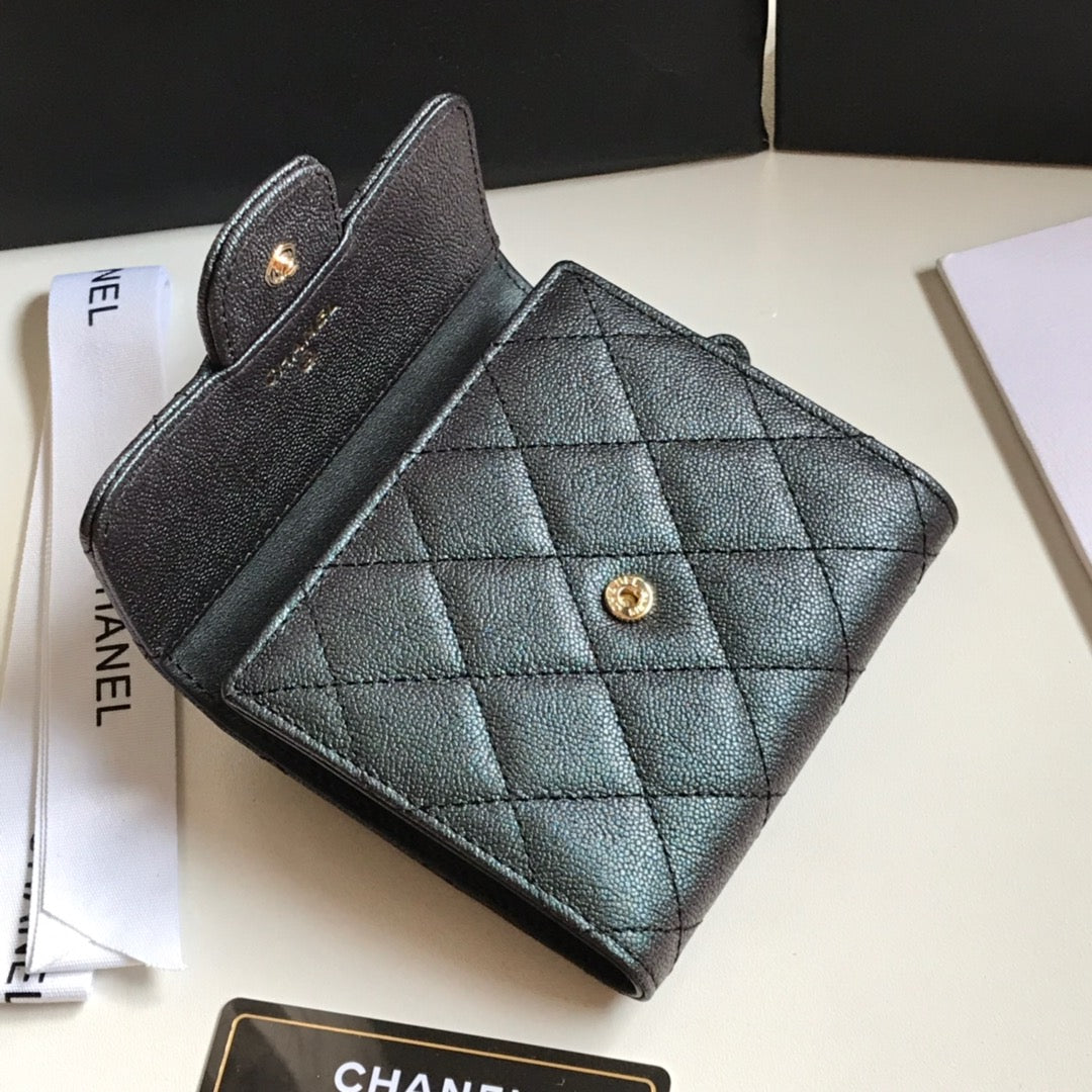 CHANEL FLAP CARD HOLDER 11.5 BLACK GRAINED CALFSKIN GOLD ICON