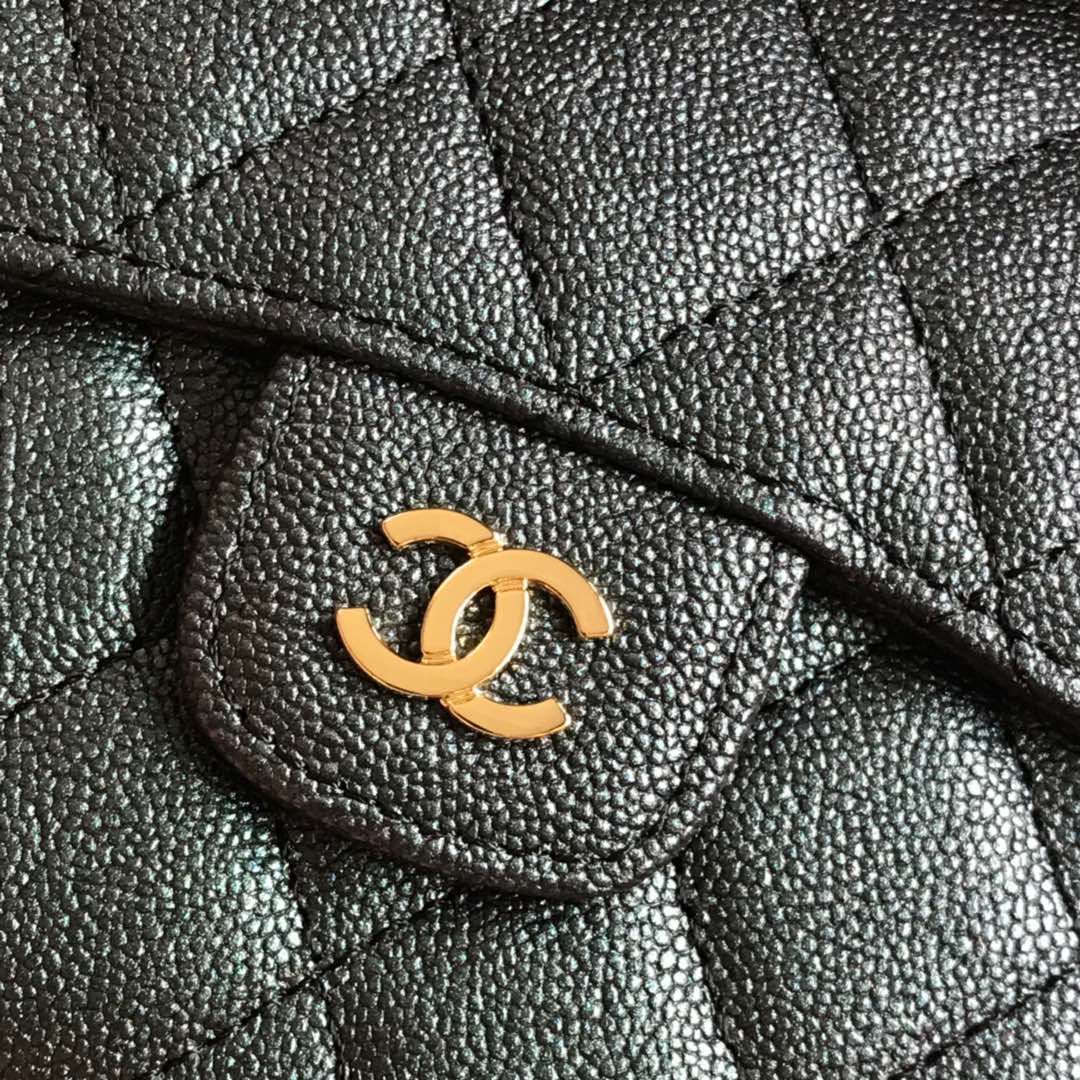 CHANEL FLAP CARD HOLDER 11.5 BLACK GRAINED CALFSKIN GOLD ICON