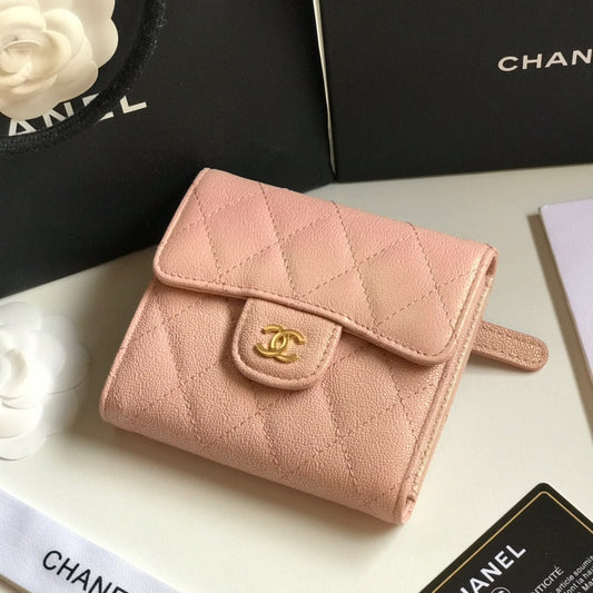 CHANEL FLAP CARD HOLDER 11.5 PALE PINK GRAINED CALFSKIN GOLD ICON