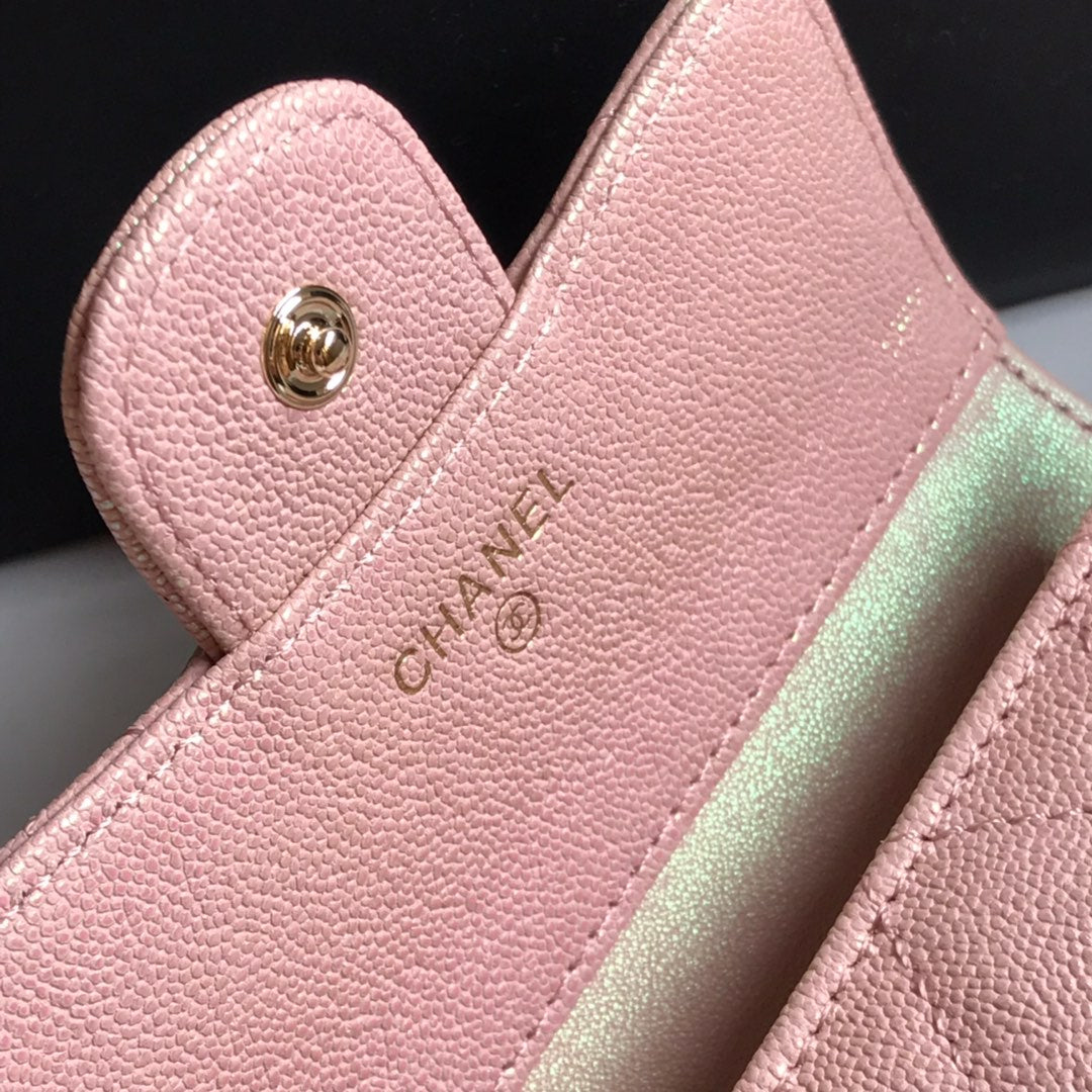 CHANEL FLAP CARD HOLDER 11.5 PALE PINK GRAINED CALFSKIN GOLD ICON