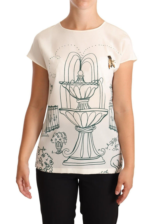 Dolce & Gabbana White Silk Garden Fountain T-Shirt Women's Blouse