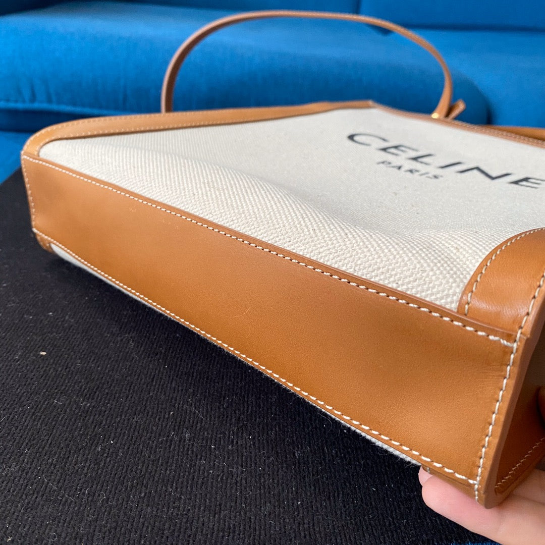 Celine small vertical cabas 28cm beige canvas tan calfskin