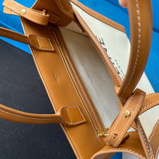 Celine small vertical cabas 28cm beige canvas tan calfskin