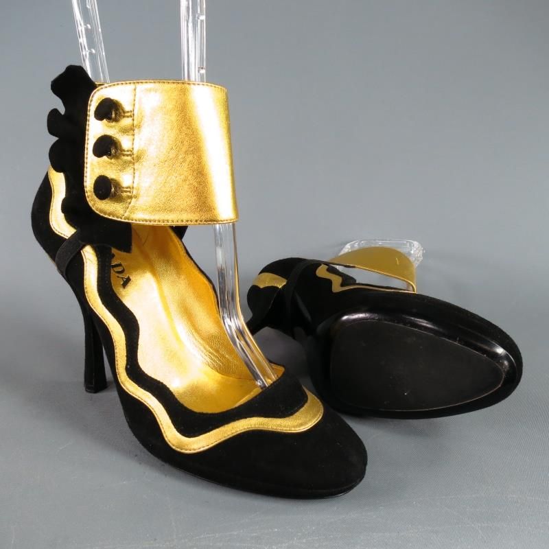 PRADA Spring 2008 Size 6 Black & Gold Suede Ankle Ruffle Cuff Metallic Pumps