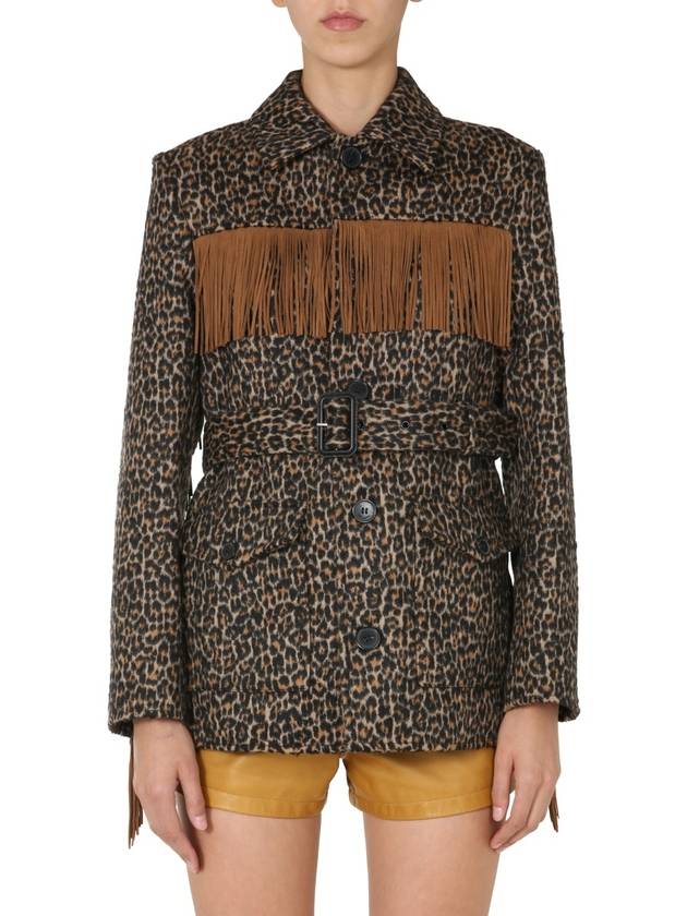 Saint Laurent Women's Fringe Leopard Jacket Brown