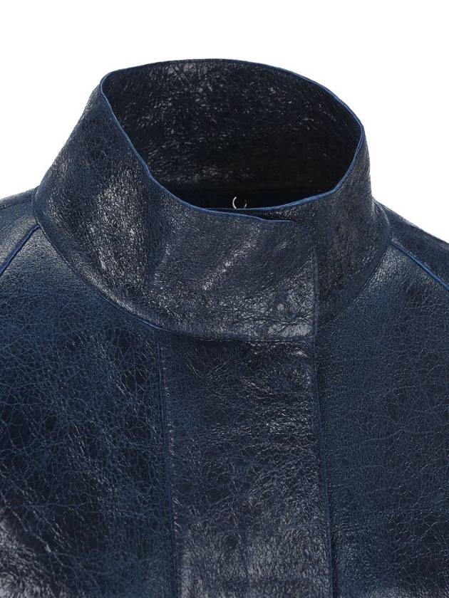 Fendi High Neck Leather Jacket Dark Blue
