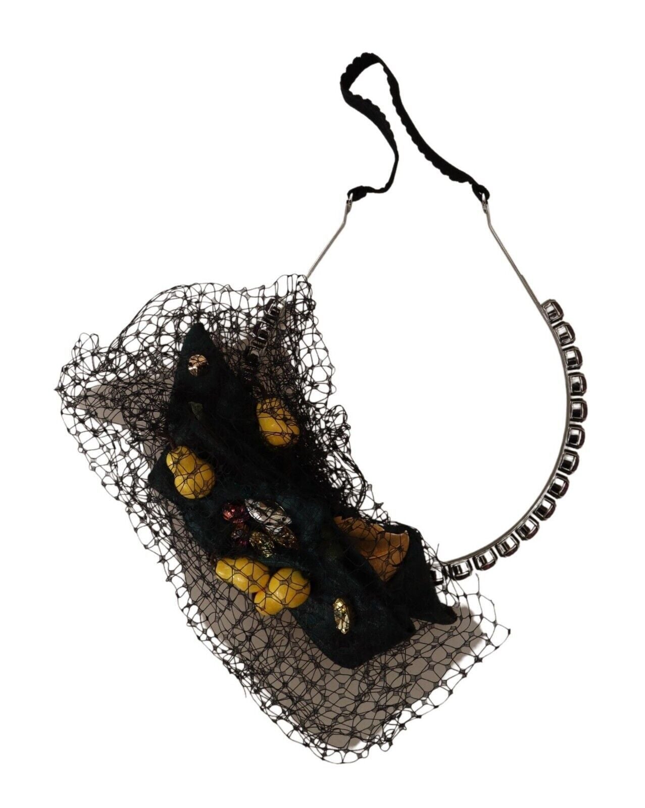 Dolce & Gabbana Silver Tiara Crystals Fruits Black Mesh Diadem Women's Headband