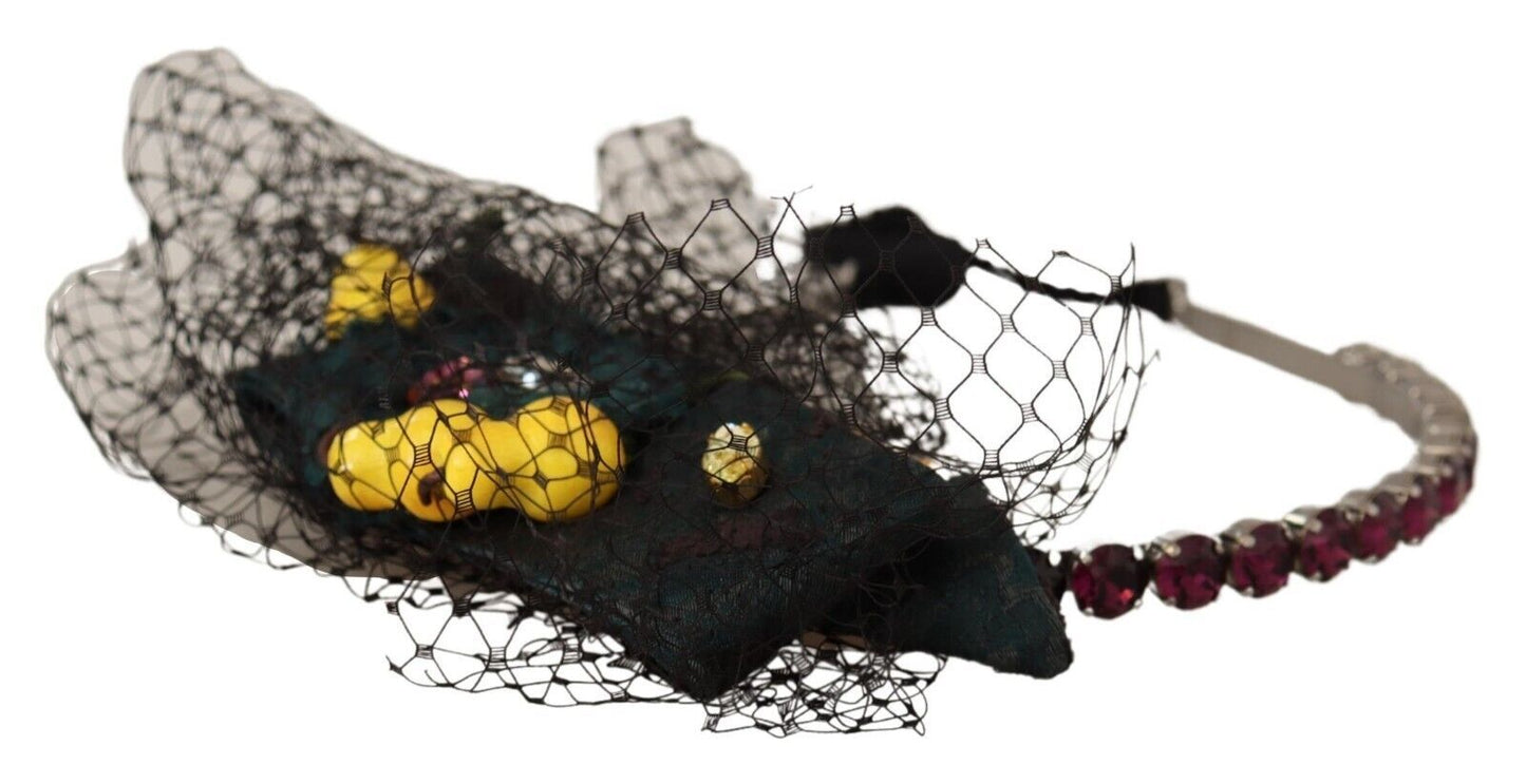 Dolce & Gabbana Silver Tiara Crystals Fruits Black Mesh Diadem Women's Headband