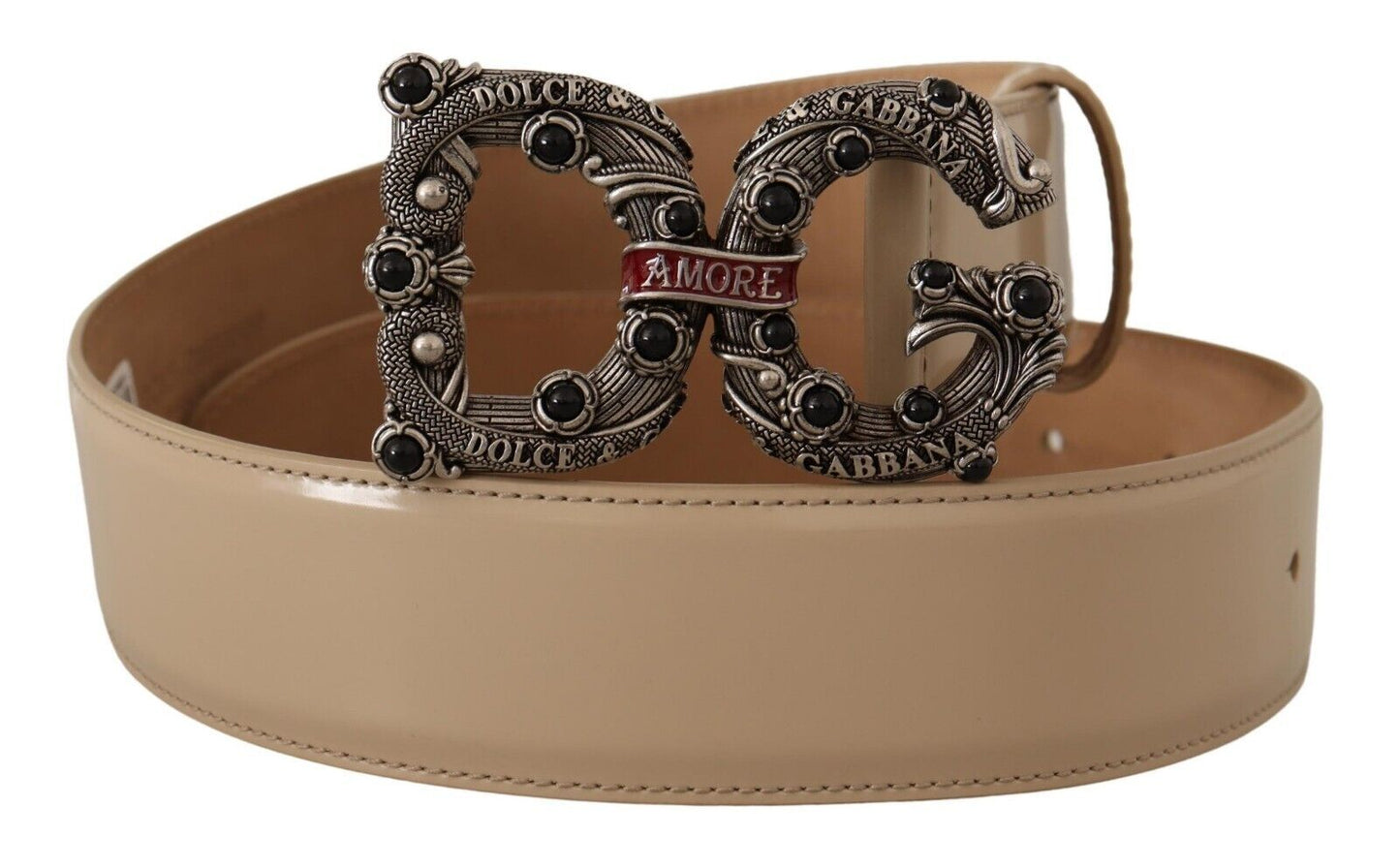 Dolce & Gabbana Beige Leather Silver Logo Buckle Amore Women's Belt