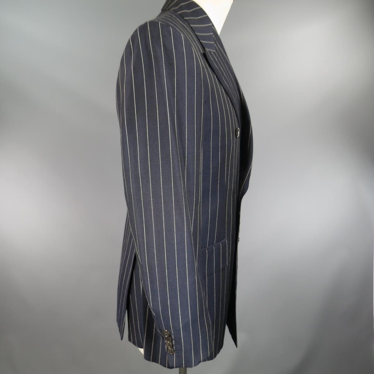 PRADA US 38 / IT 48 Navy Pinstripe Peak Lapel Double Breasted Sport Coat