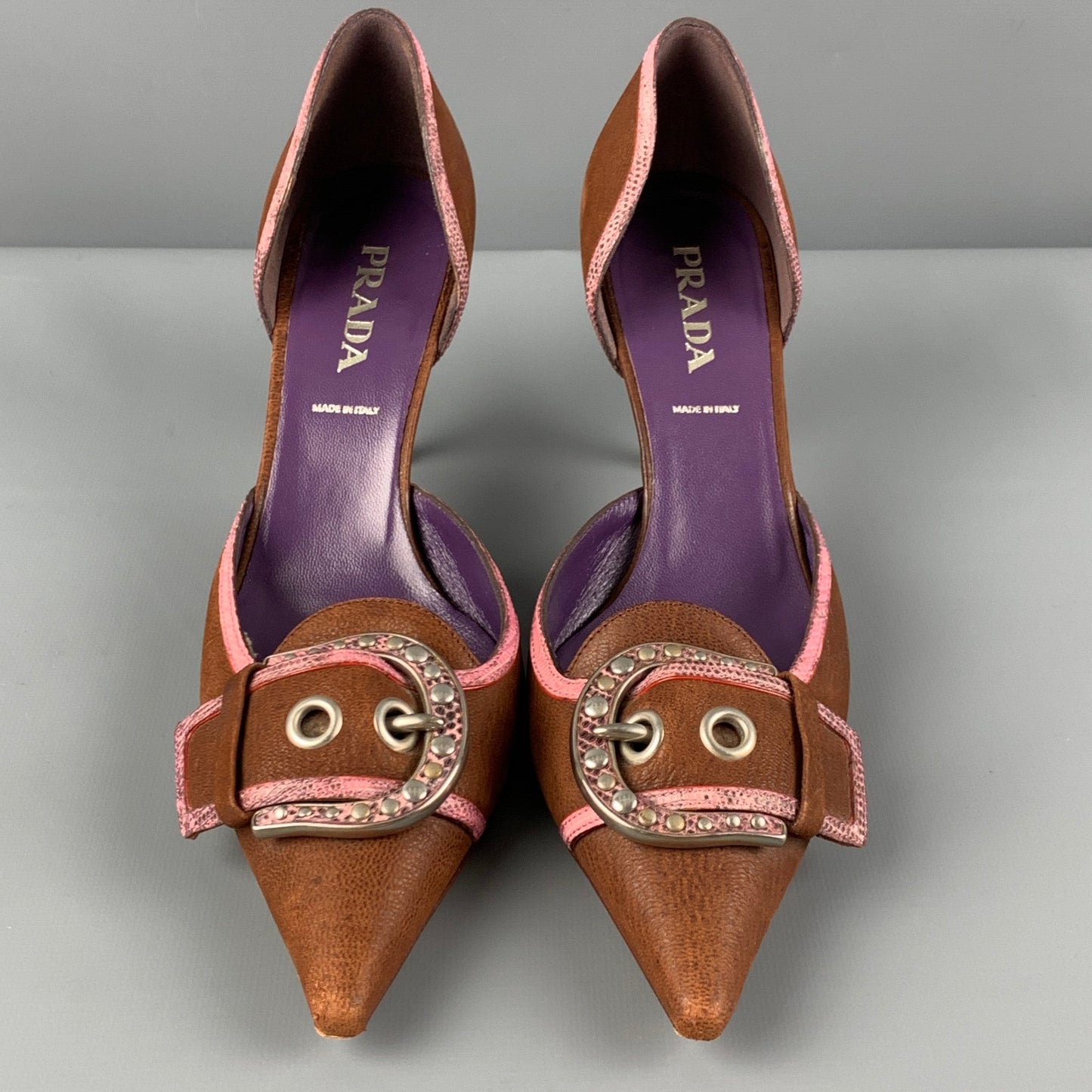 PRADA Size 6 Brown Rose Leather Pointed Toe Pumps