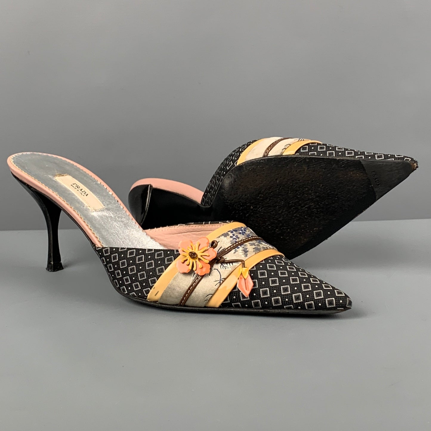 PRADA Size 6.5 Navy Silk Applique Pointed Toe Pumps