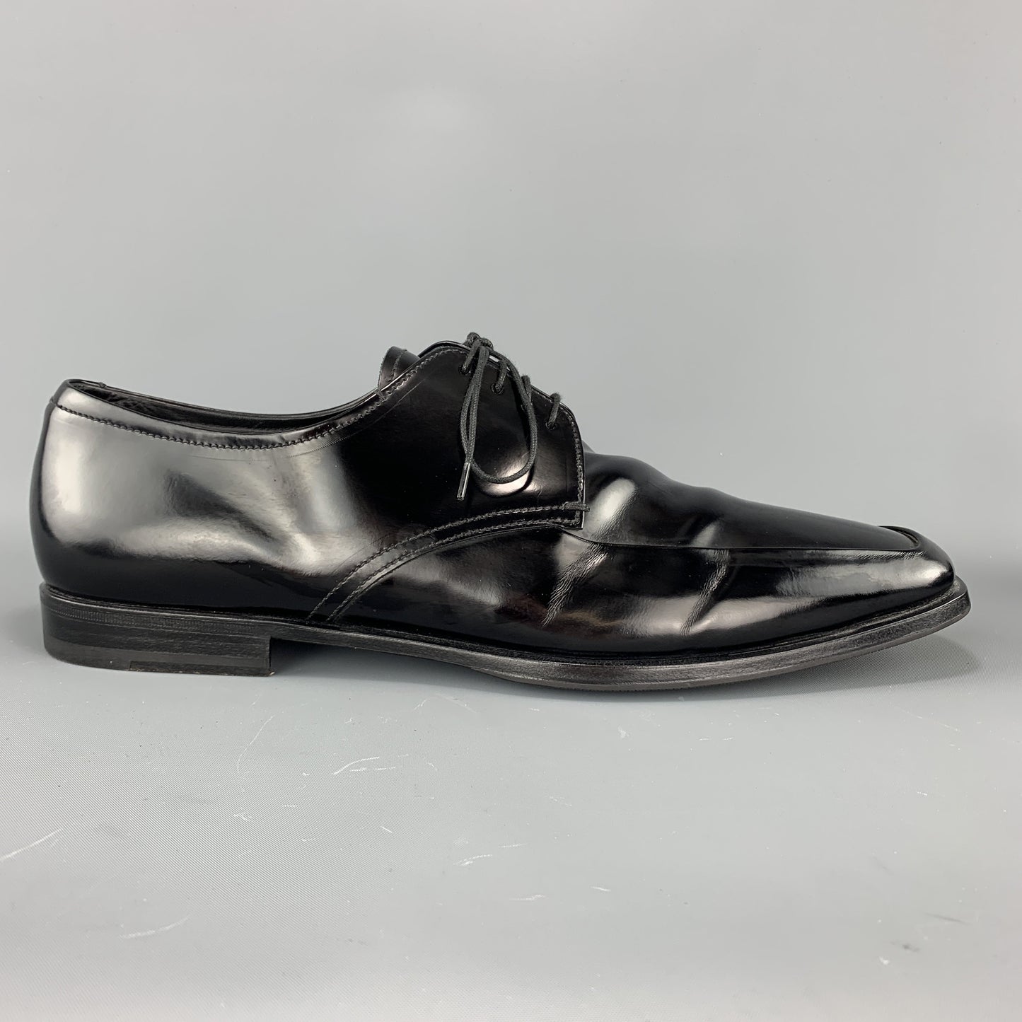 PRADA Size 12.5 Black Leather Apron Toe Lace Up