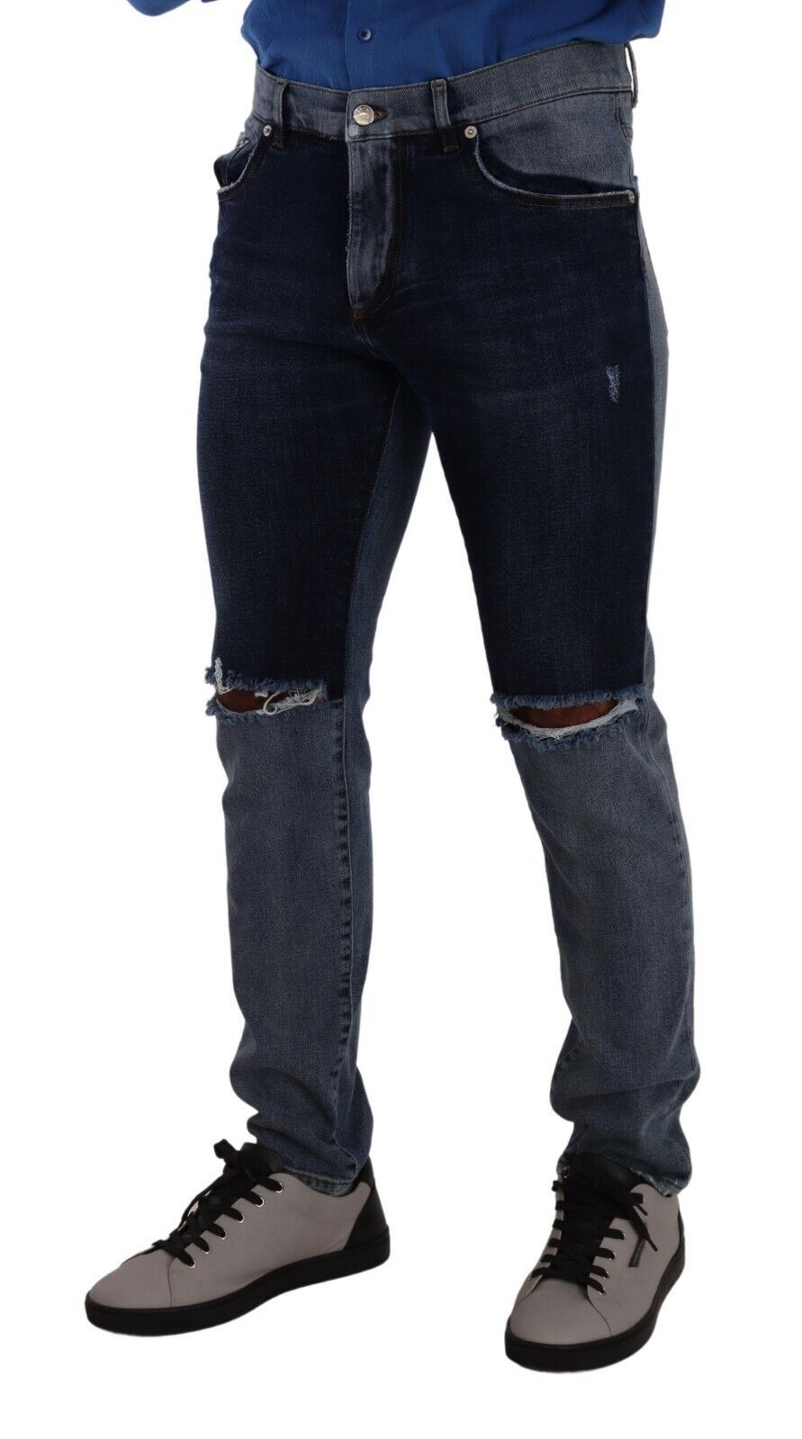 Dolce & Gabbana Blue Two Tone Tattered Cotton Slim Denim Men's Jeans