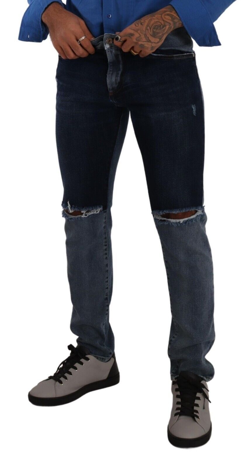 Dolce & Gabbana Blue Two Tone Tattered Cotton Slim Denim Men's Jeans