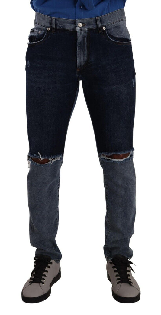 Dolce & Gabbana Blue Two Tone Tattered Cotton Slim Denim Men's Jeans