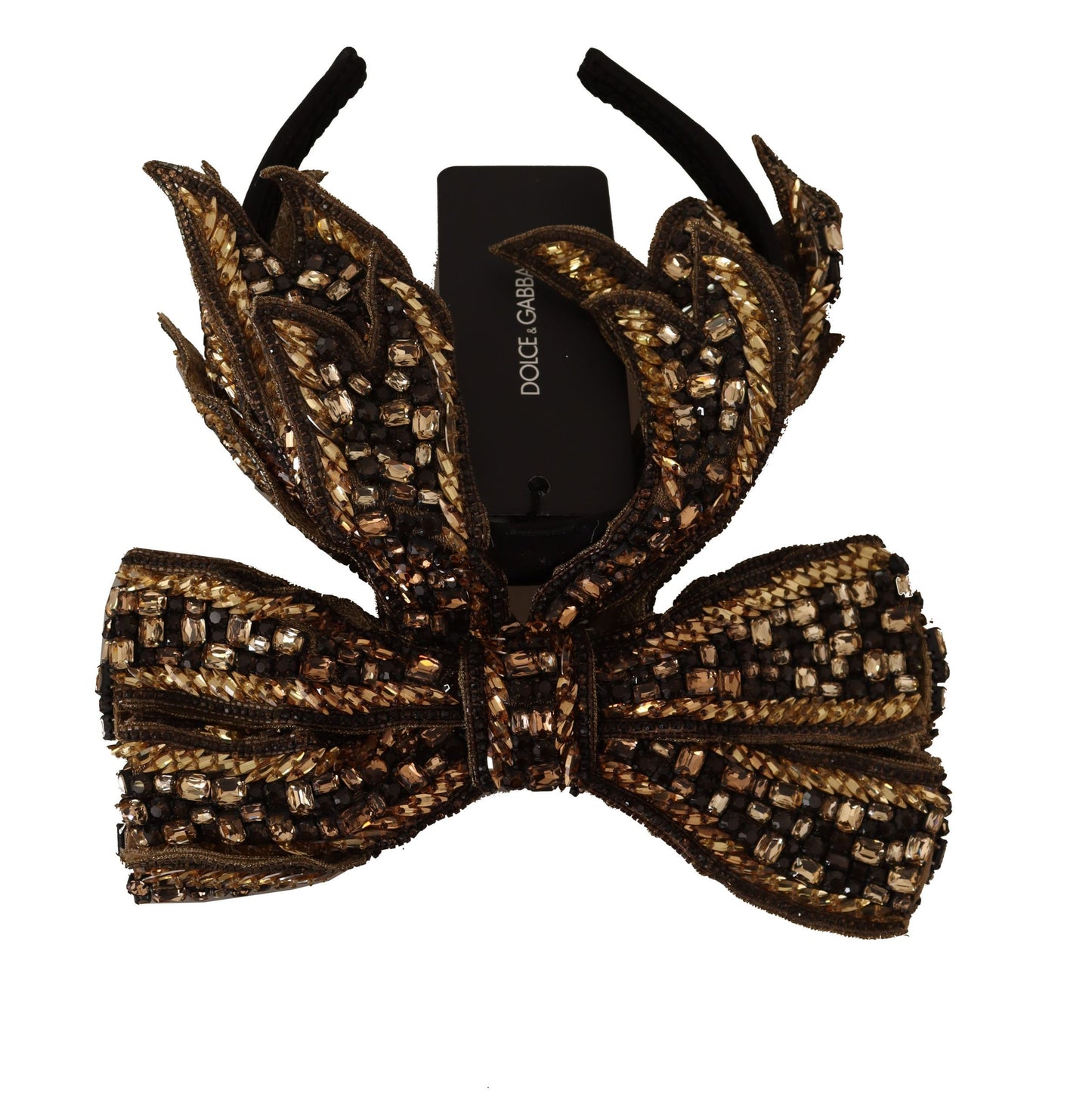 Dolce & Gabbana Gold Crystal Beaded Sequined Silk Bow Headband Women's Diadem