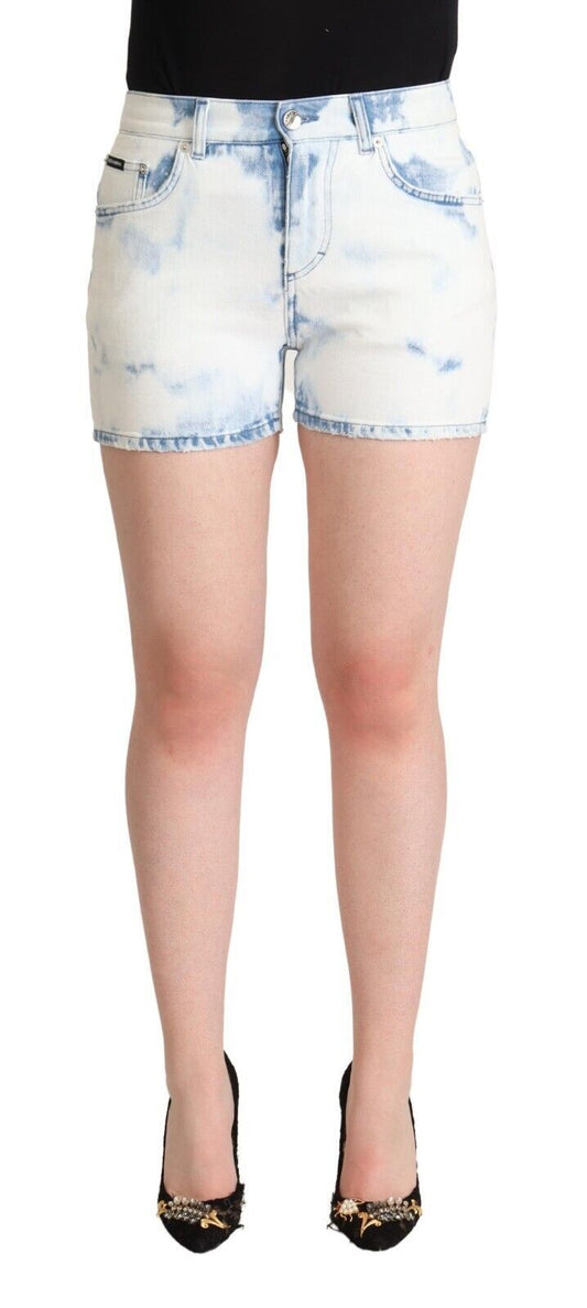 Dolce & Gabbana White Blue Dye Cotton Mid Waist Denim Women's Shorts
