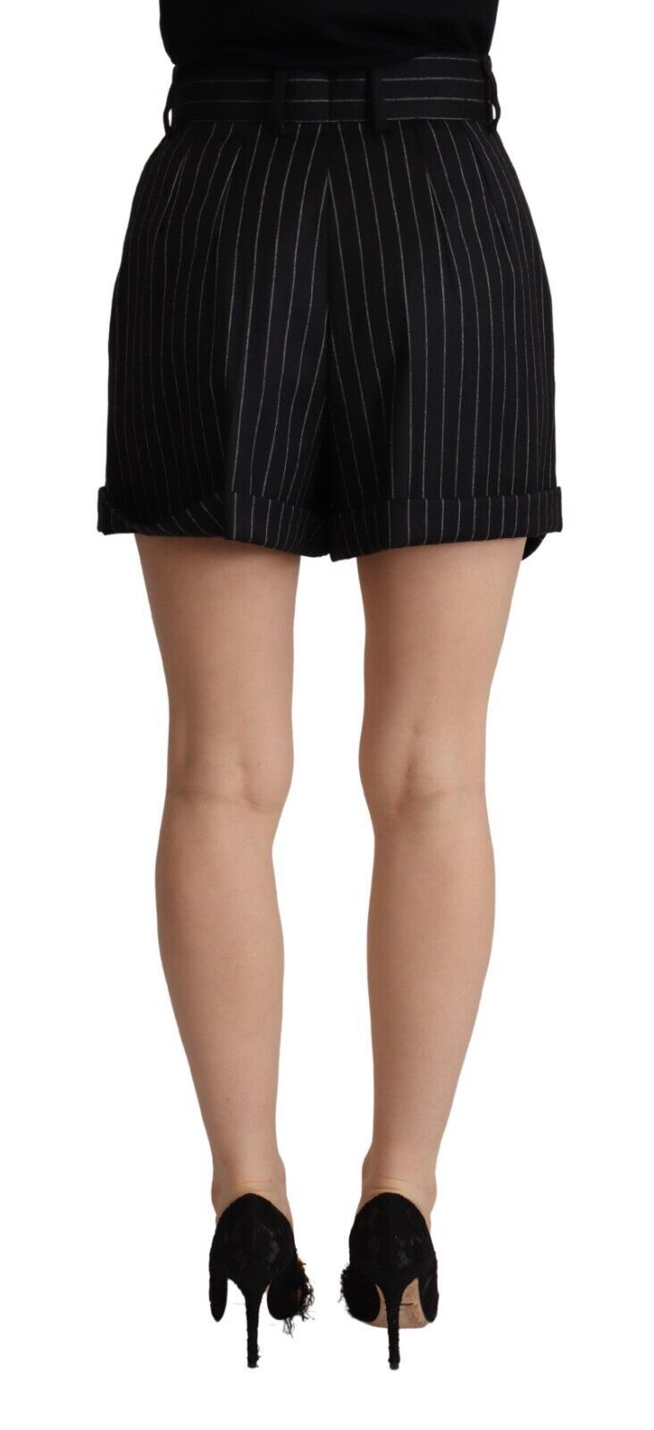 Dolce & Gabbana Black Stripes Wool High Waist Trouser Bermuda Women's Shorts