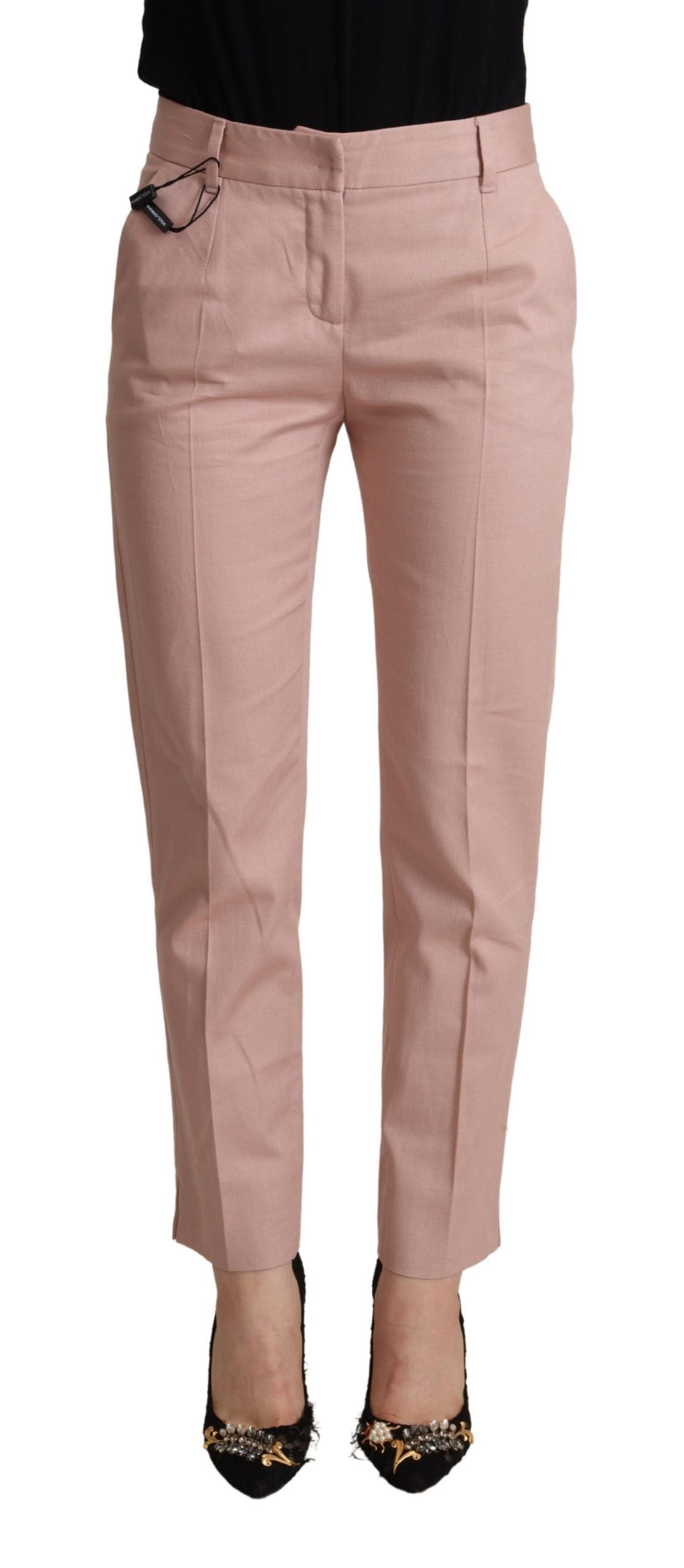 Dolce & Gabbana Pink Cotton Mid Waist Trouser Tapered Women's Pants