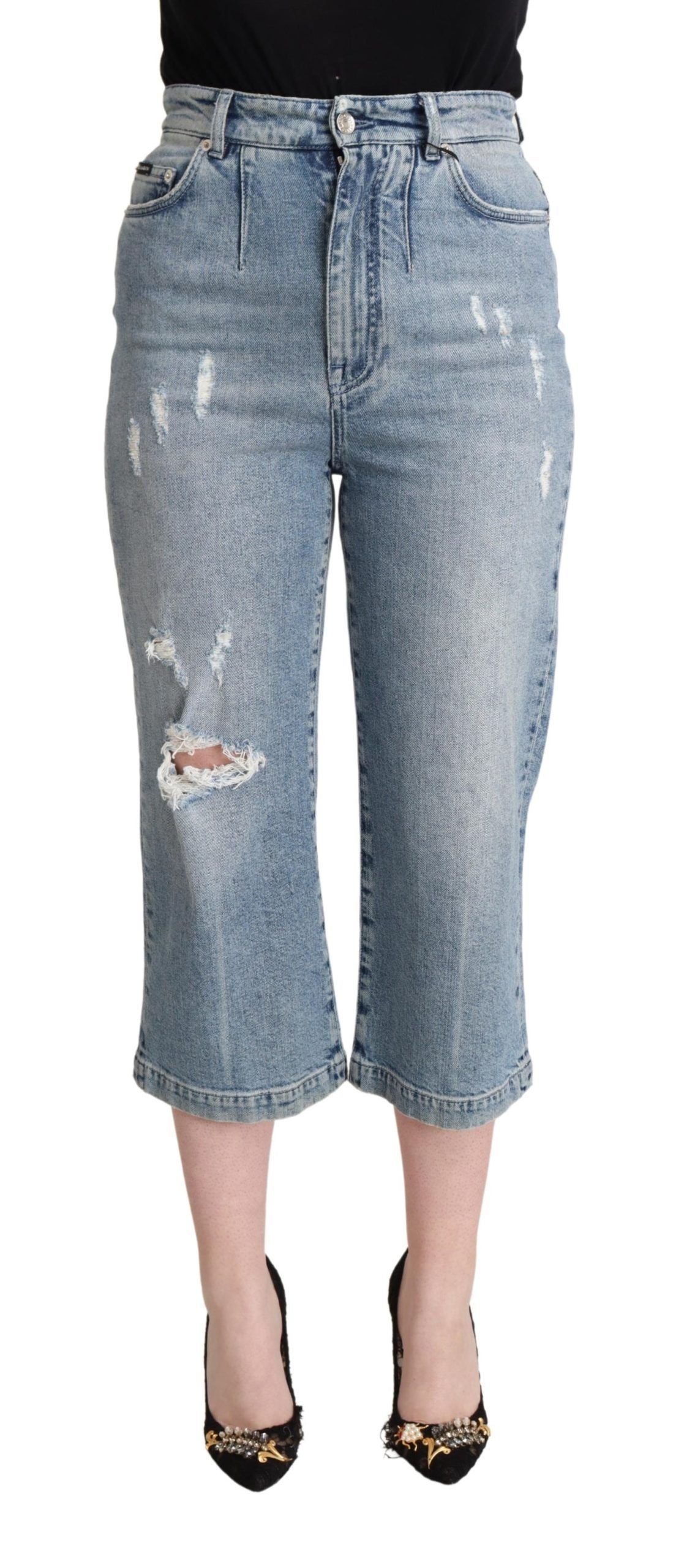 Dolce & Gabbana Blue Tattered Cotton Denim Capri Cropped Women's Jeans