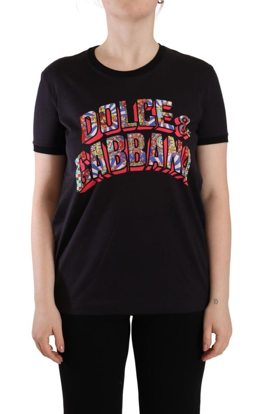Dolce & Gabbana Black Logo Print Cotton Crew Neck Tee Women's T-shirt