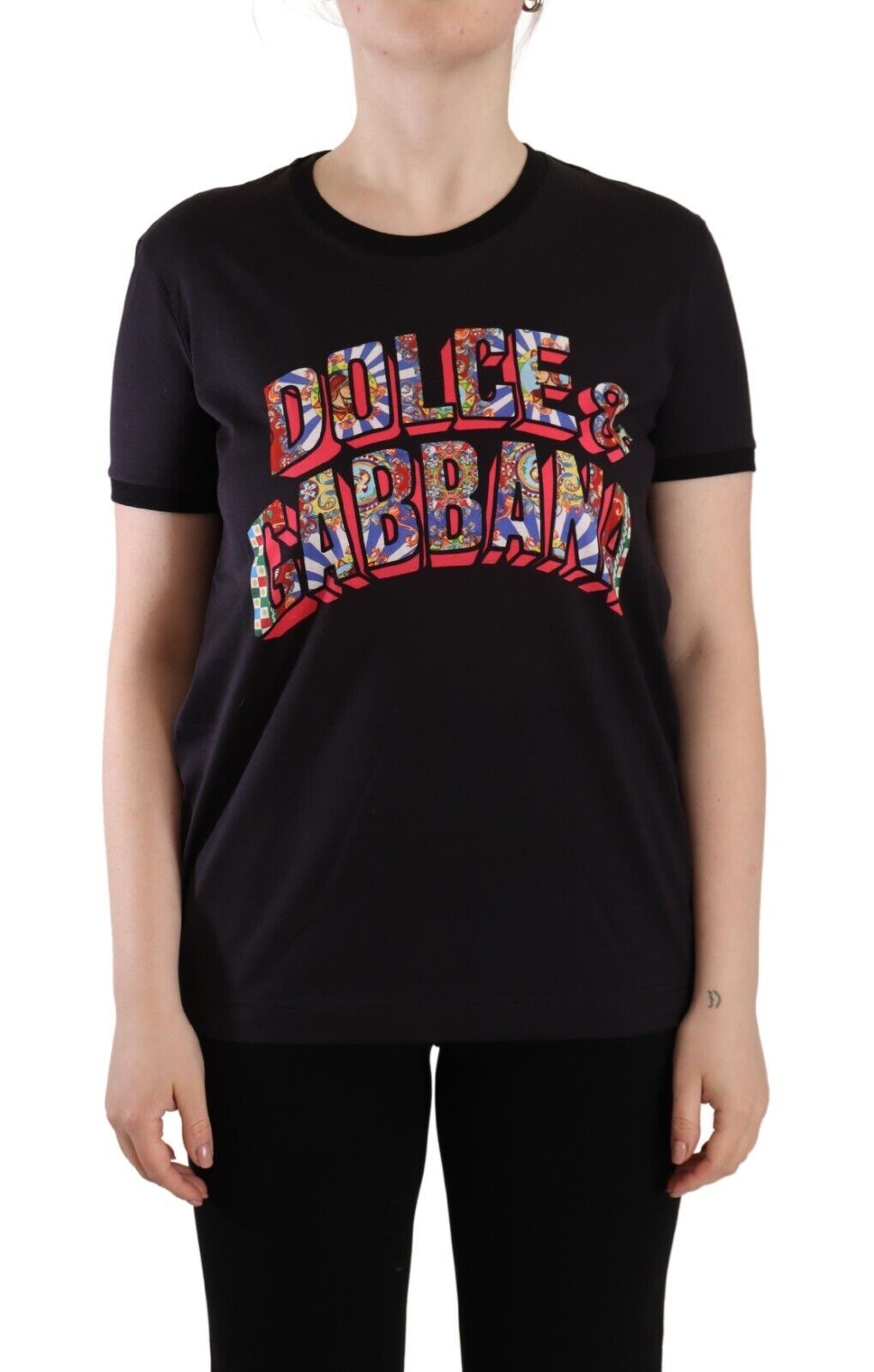 Dolce & Gabbana Black Logo Print Cotton Crew Neck Tee Women's T-shirt