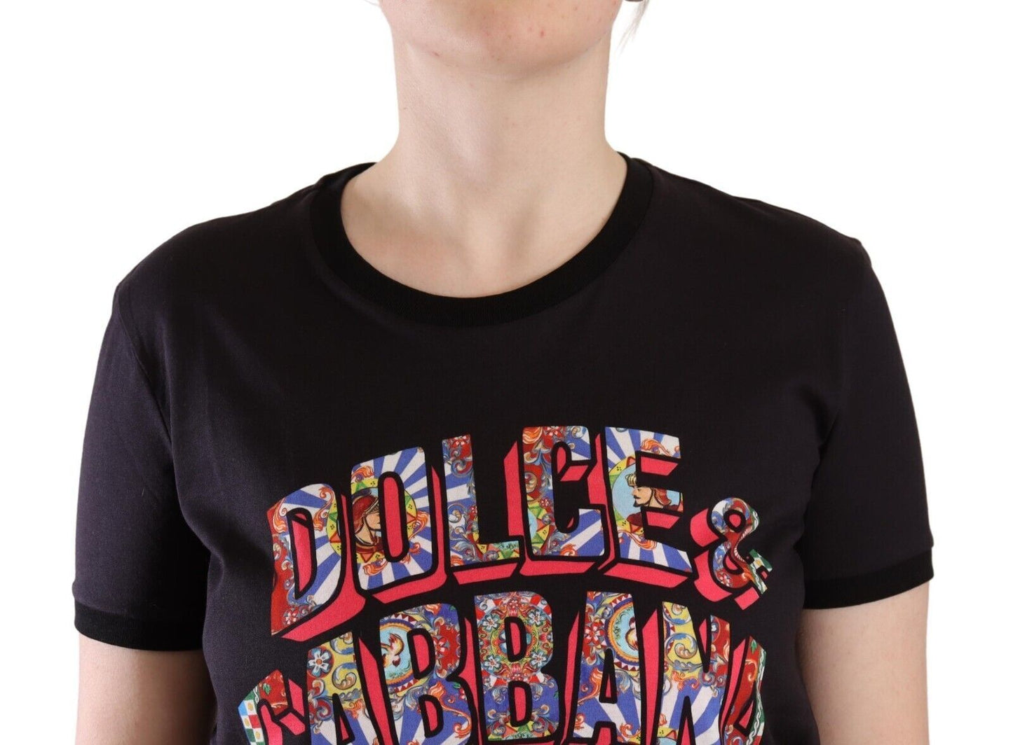 Dolce & Gabbana Black Logo Print Cotton Crew Neck Tee Women's T-shirt