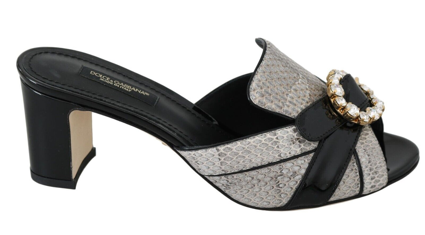 Dolce & Gabbana Black Gray Exotic Leather Crystals Sandals Women's Shoes